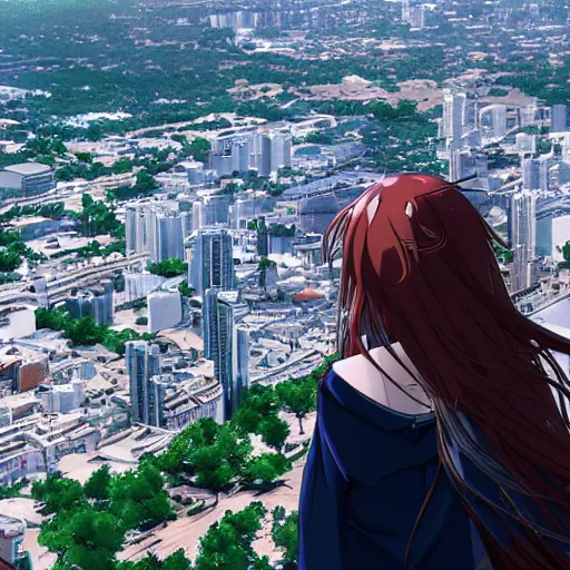 Prompt: anime girl looks from a cliff at a huge city