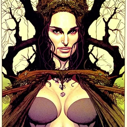 Image similar to a realistic and very beautiful and atmospheric portrait of natalie portman as a druidic wizard looking at the camera with an intelligent but seductive gaze by rebecca guay, michael kaluta, charles vess and jean moebius giraud