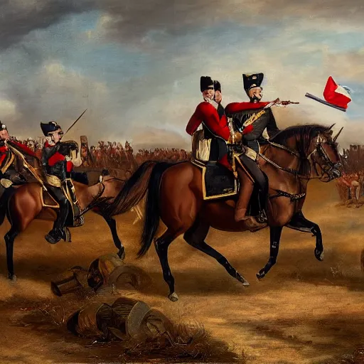 Prompt: cinematic shot of Kim Kardashian dressed as a military officer leading a charge in an open field, 1800s, oil on canvas, dramatic,