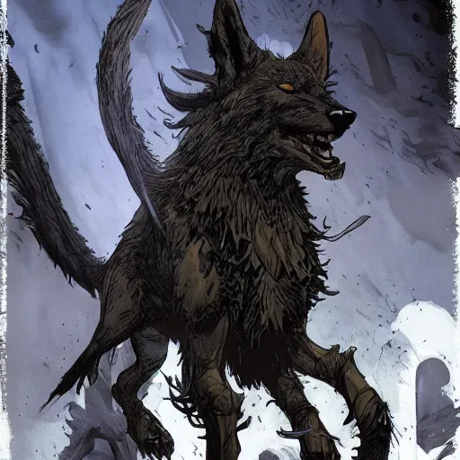 Image similar to king of the wolves. By Travis Charest, James Gurney, and Ashley Wood. dramatic lighting. Magic the gathering. digital painting.