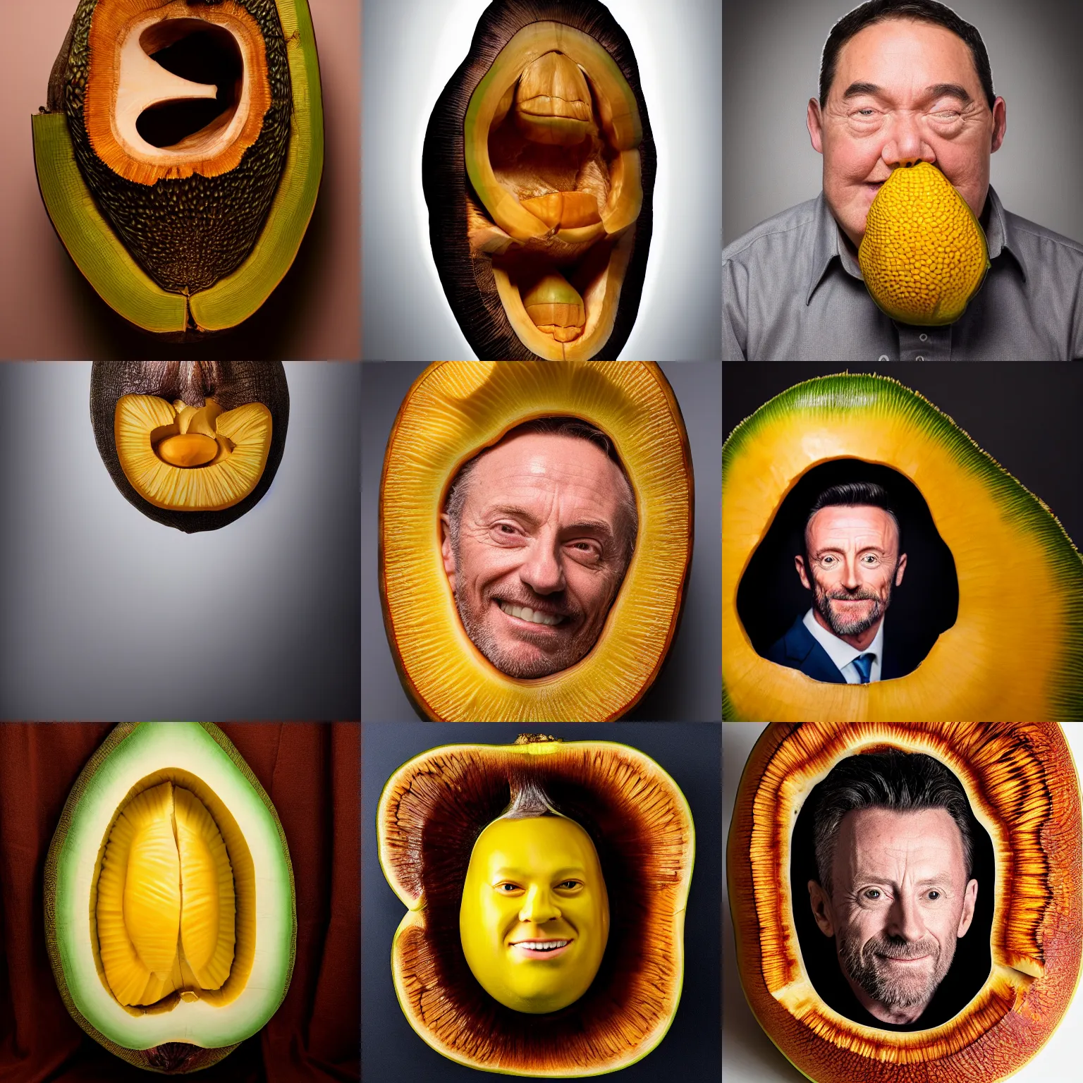 Prompt: high jackman's face carved into a jackfruit, headshot portrait, studio lighting