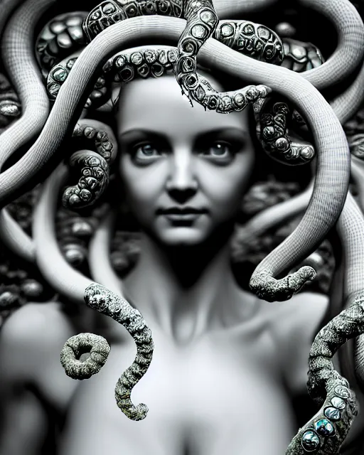 Image similar to mythical dreamy underwater artistic black and white 3 d render of a translucent beautiful young female angelic - medusa - vegetal - doll, highly detailed, intricate crystal ivy jelly ornate, poetic, translucent algae ornate, digital art, octane render, 8 k artistic photography, photo - realistic, hg giger flora borsi