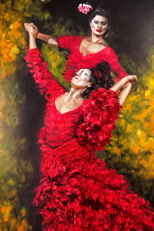 Image similar to oil painting of spanish flamenco dancer in mallorca wearing a red dress made of flowers, dimly lit, photo realistic, extreme detail skin, no filter, slr, 4 k, high definition