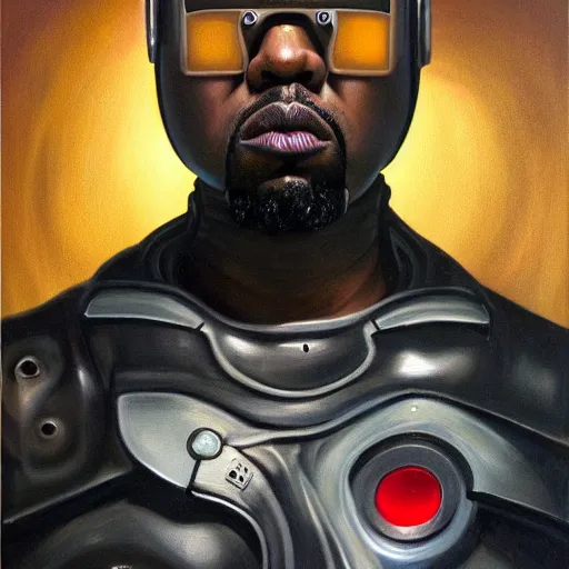 Image similar to a realistic oil painting of a cybernetic kanye west cyborg, surrealism portrait, post apocalyptic album cover