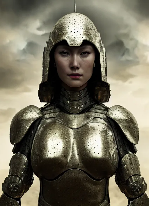 Image similar to hyperrealistic mixed media portrait of a beautiful armored warrior woman, stunning 3d render inspired art by Michael Parkes + perfect facial symmetry + dim volumetric lighting, 8k octane beautifully detailed render, post-processing, extremely hyperdetailed, intricate, epic composition, grim yet sparkling atmosphere, cinematic lighting + masterpiece, trending on artstation