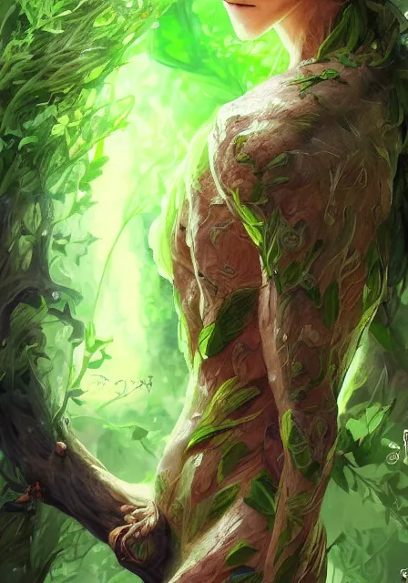 Image similar to A realistic anime portrait of a handsome dryad with glowing green eyes and tree bark skin wearing clothes made of leaves, digital painting, by Stanley Artgerm Lau, Sakimichan, WLOP and Rossdraws, digtial painting, trending on ArtStation, SFW version