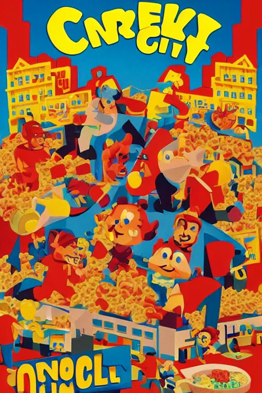 Image similar to movie poster for cereal central, minimalist, striking visuals, street gang in cereal city, dramatic lighting, epic composition