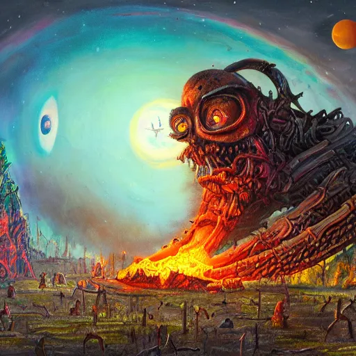 Image similar to extraterrestrial funeral pyre on ancient post - apocalyptic planet, jim henson creature shop, vivid and colorful, thomas kincaid, cinematic, oil painting, highly detailed, illustration