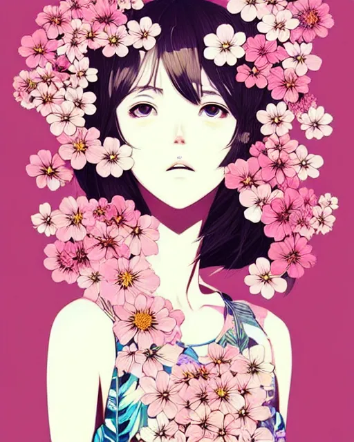 Image similar to girl next to floral bomb, detailed manga illustration!! intricate details, beautiful perfect face, perfect body, aesthetically pleasing pastel colors, poster background, aesthetic details, art by conrad roset and ilya kuvshinov