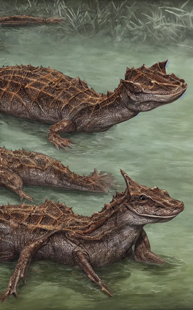 Prompt: diplocaulus living in a swamp, photorealistic, highlydetailed, paleoart