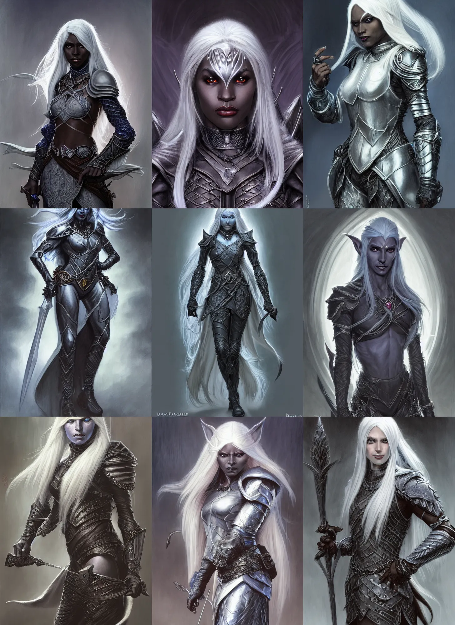Prompt: a portrait of a female drow elf, dark grey skin, innocent look, long white hair, slick leather armor, style by donato giancola, wayne reynolds, jeff easley dramatic light, high detail, cinematic lighting, artstation, dungeons and dragons