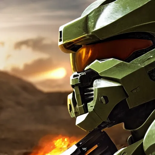 Image similar to Master Chief from Halo at a firing range with an AK-47, cinematic lighting, shot on iPhone, photorealism,