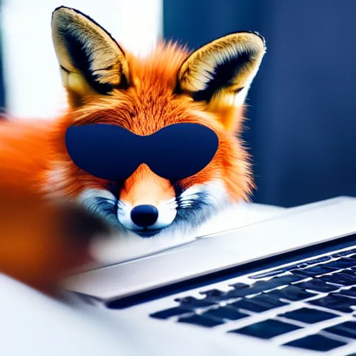 Prompt: photograph of a fox with shades using a laptop to debug code