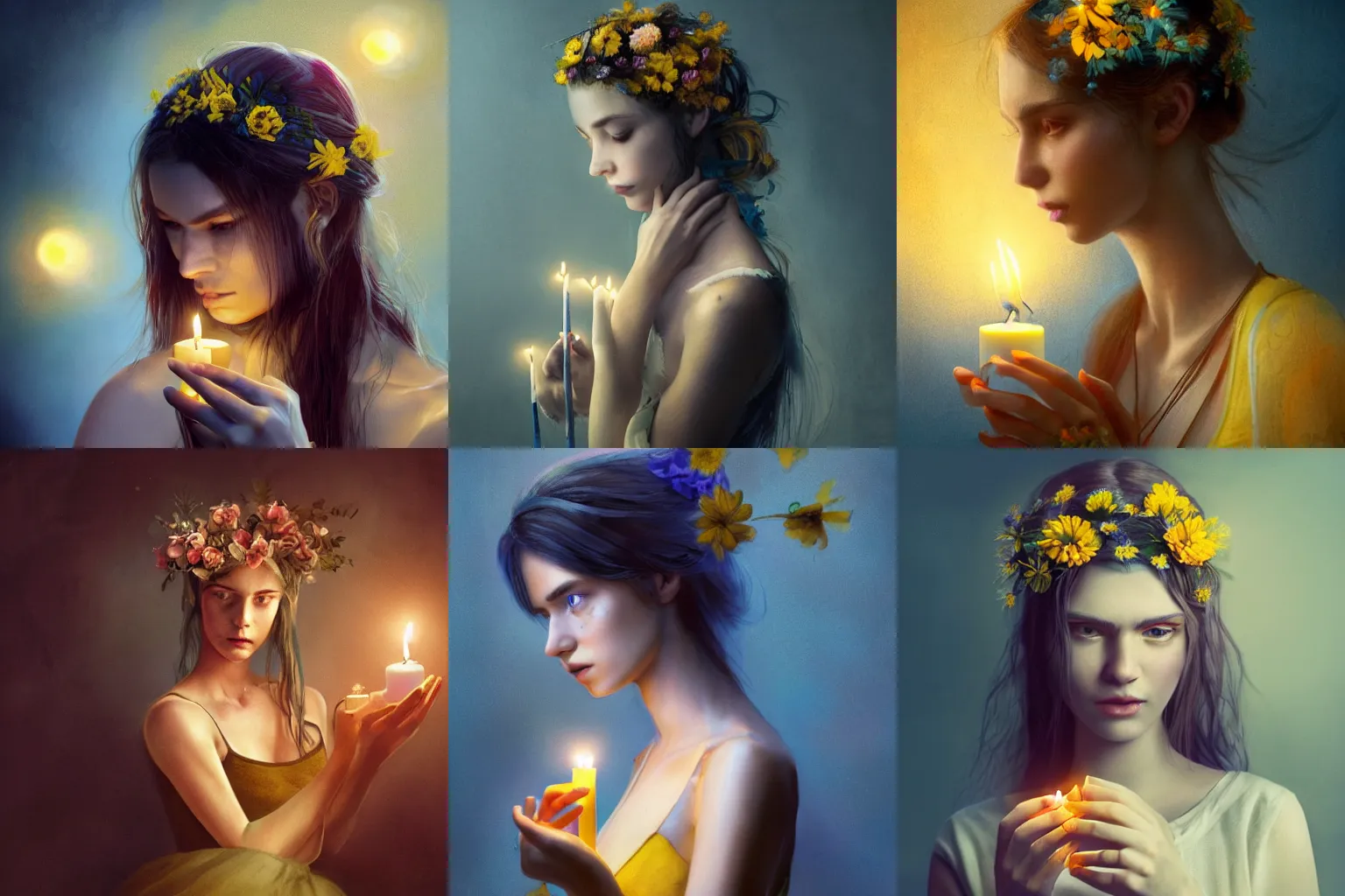 Prompt: A gorgeous young woman with flowersand blue-yellow tapes in her hair sad crying and a candle in her hand, high detail, styled by Greg Rutkowski, dark background