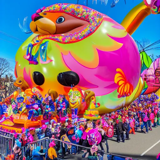 Image similar to photo of giant lisa frank bosch style parade float in the macys thanksgiving parade, detailed 4 k photo
