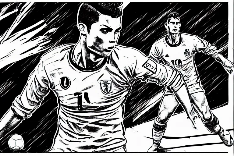 Image similar to cristiano ronaldo playing football, a page from cyberpunk 2 0 2 0, style of paolo parente, style of mike jackson, adam smasher, johnny silverhand, 1 9 9 0 s comic book style, white background, ink drawing, black and white