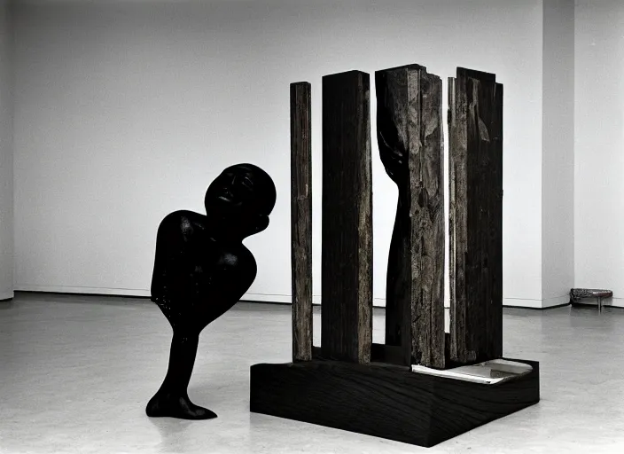 Image similar to realistic photo portrait of the a sculpture of a computer of wood, eyes made of caviar poorly designed in style of arte povera, fluxus, dadaism, joseph beuys, ugly made, low quality, nonprofessional, by man ray levitating in the wooden room 1 9 9 0, life magazine reportage photo