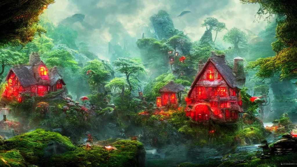 Prompt: fantasy red toadstool cottage suspended in the air, like in Avatar movie, foggy atmosphere, volumetric lighting, fantasy artwork, very beautiful scenery, very realistic, hd, hdr, cinematic 4k wallpaper, 8k, ultra detailed, high resolution