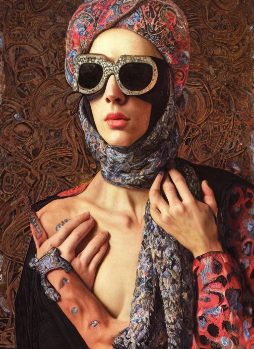 Prompt: close - up portrait of a beautiful woman wearing sunglasses a helmet a scarf and a balaclava with intricate psychodelic patterns, by edgar maxence and caravaggio and michael whelan and delacroix style, artistic, intricate drawing, light brazen, realistic fantasy, extremely detailed and beautiful aesthetic face, establishing shot, 8 k resolution, dramatic lighting