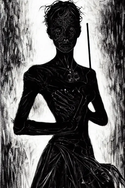 Image similar to dreamy gothic girl, black leather slim clothes, impressive and unprincipled, wonderful slim body, detailed acrylic, grunge, intricate complexity, by dan mumford and by alberto giacometti, peter lindbergh