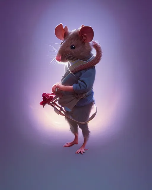 Image similar to highly detailed vfx portrait of a cute little rat with a bow, unreal engine, greg rutkowski, loish, rhads, beeple, makoto shinkai and lois van baarle, ilya kuvshinov, rossdraws, tom bagshaw, alphonse mucha, global illumination, detailed and intricate environment