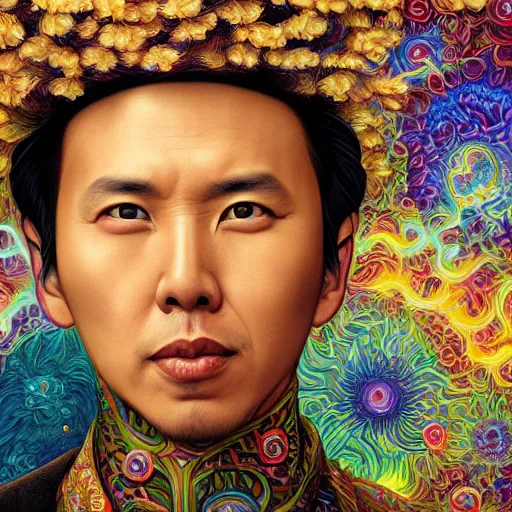 Image similar to portrait of donnie yen, hyper detailed masterpiece, neon floral pattern, jean giraud, digital art painting, darkwave goth aesthetic, psychedelic, artgerm, donato giancola and tom bagshaw