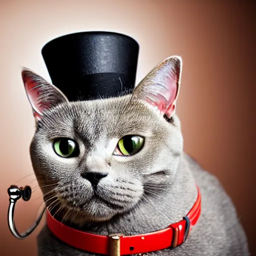 Prompt: british shorthair cat wearing a top hat and holding a pipe on its paws, pet photography, award winning, photography, realistic,