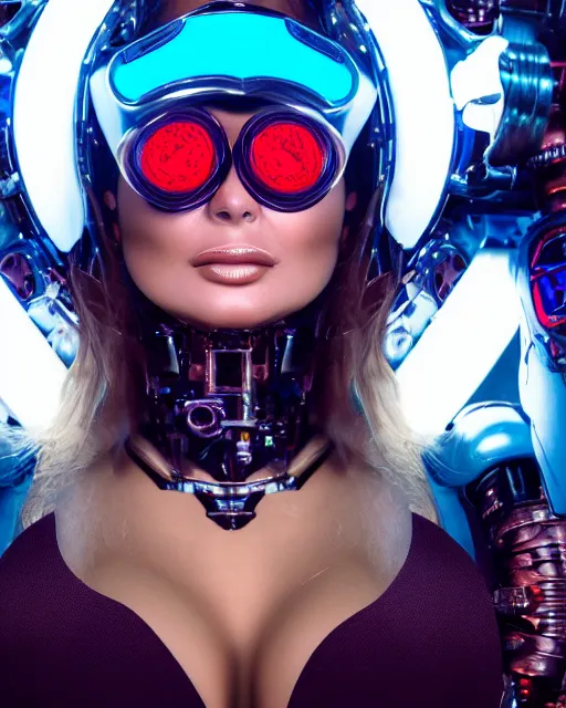 Image similar to centered portrait of flirtatious young carmen electra as a solarpunk mecha humanoid robotic parts wearing goggles with bright turquoise lights, real human face, pudica pose bouguereau style, inside white room, ultra - realistic and intricate, soft portrait shot 8 k