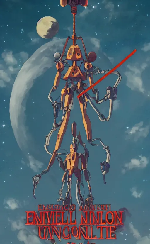 Image similar to evangelion with a mechanical moon lute in its arms, movie poster, 3 d anime, arcane style, retropunk, steampunk, high resolution, 4 k, retrofuturism, studio ghibli, simon stalenhag