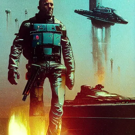 Image similar to jason statham as sci - fi bounty hunter, chris foss, john harris, beeple, wayne barlowe