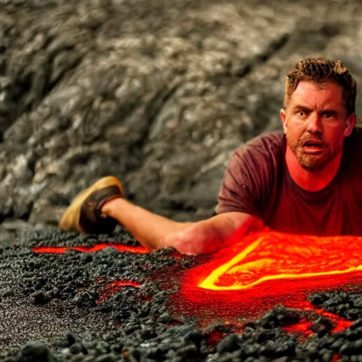 Prompt: film still of the tv show the floor is lava, but with real lava. person sinking into lava, 4 k.