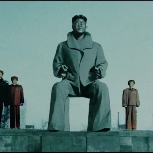 Prompt: a film still of a north korean monster movie, film noir, video compression, ripple effect