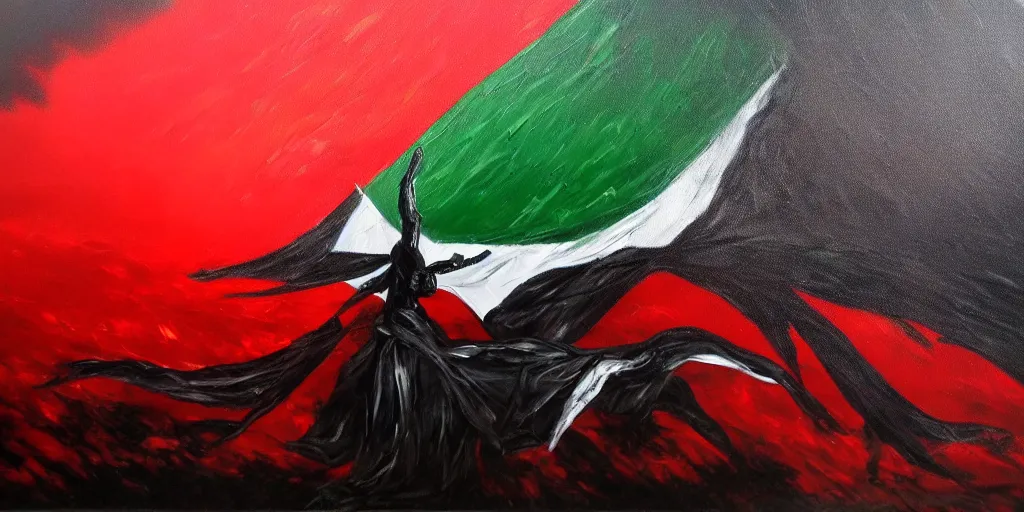 Prompt: dramatic dark oil painting of freedom for palestine, red green white black