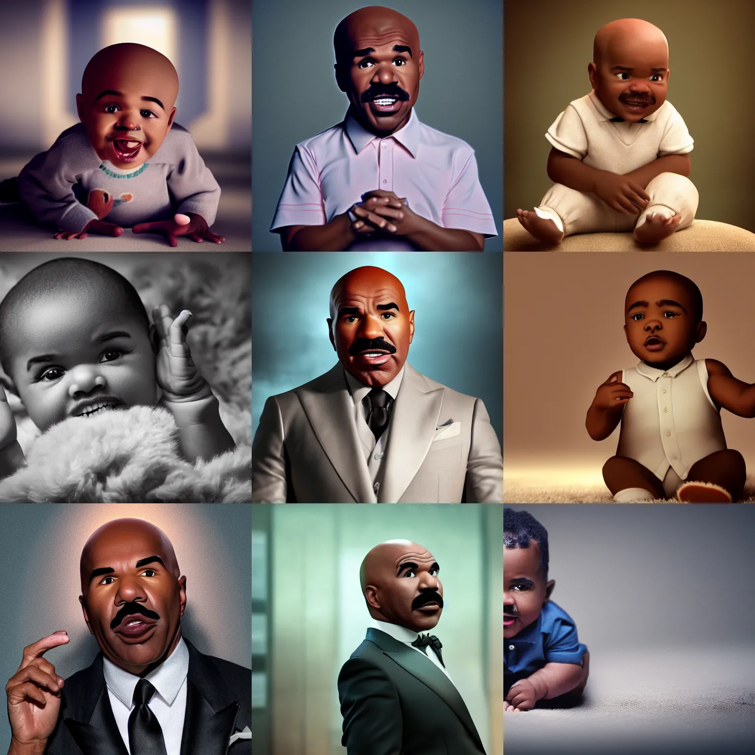 Prompt: a dramatic photograph of steve harvey as a little baby!!, cinematic, concept art, hyperrealistic, 4 k, octane render