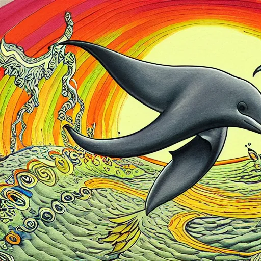 Image similar to a hyper realistic painting of the grim reaper riding a dolphin that is jumping over a rainbow, by joe fenton,