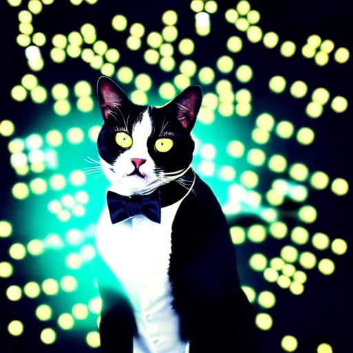 Prompt: A tuxedo housecat with playing with a swarm of glowing nanobots. iphone photograph 35mm. studio lighting. trending on instagram.