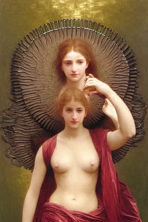 Image similar to hyperrealist highly detailed english medieval portrait of high fashion archangel wrapped in ferrofluid liquid, Art by William Adolphe Bouguereau,, Art by William Adolphe Bouguereau,, by Annie Swynnerton and Tino Rodriguez and Maxfield Parrish, elaborately costumed, rich color, dramatic cinematic lighting, extremely detailed, radiating atomic neon corals, concept art pascal blanche dramatic studio lighting 8k wide angle shallow depth of field, Art by William Adolphe Bouguereau, extreme detailed and hyperrealistic