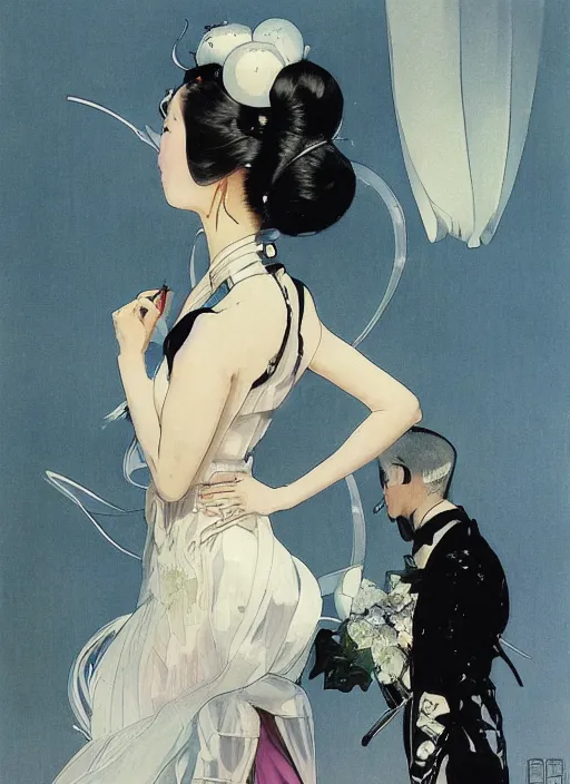 Prompt: a low angle copic maker art nouveau portrait of a japanese futuristic girl detailed features wearing a latex wedding dress with a puffy skirt designed by balenciaga by john berkey, norman rockwell akihiko yoshida