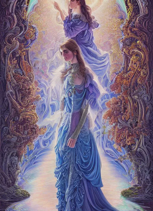 Prompt: beautiful oil painting, full length portrait of Emma Watson in baroque coronation robes 1701, Dan Mumford, Dan Mumford, Alex grey, highly detailed , lsd visuals, dmt fractal patterns, hallucinogen, visionary art, psychedelic art, ornate, vaporwave, baroque, Greg rutkowski