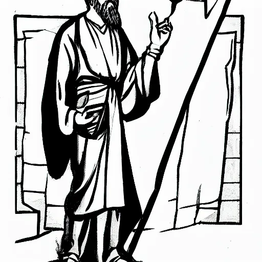 Image similar to white background. Man in Biblical clothing in the style of a black and white 1940s disney character reference sheet, ink outlines.