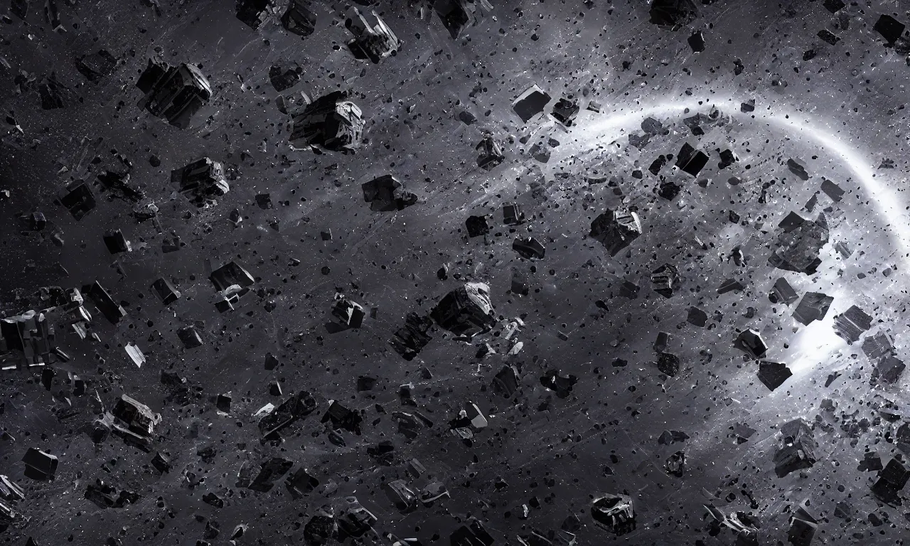 Image similar to huge chunks of space debris, ancient space station, space constructions and asteroid stations revolving around compact black hole forming a tilted vortex in black starless space, octane render