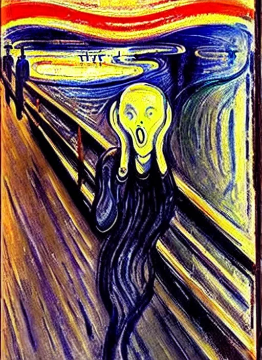 Image similar to oil painting of The Scream taking a seflie with an iPhone by Edvard Munch