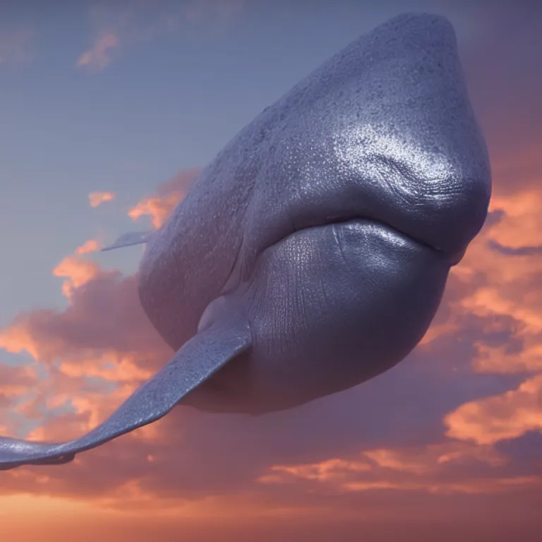 Image similar to vfx shot by weta digital and industrial light and magic ilm, a stunning beautiful glowing blue whale made out of shiny reflective silver metallic chrome flying in the sky through fluffy giant sunset clouds, octane render, cinema 4 d, ray traced lighting, very short depth of field, bokeh