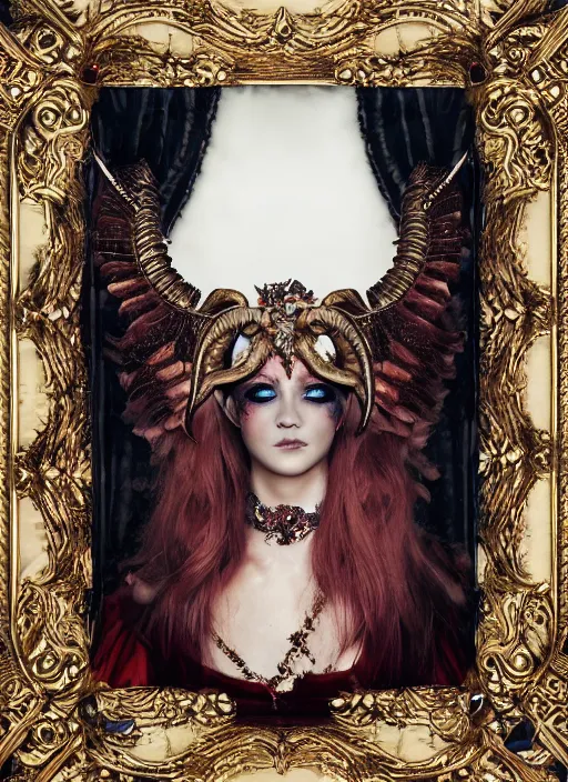 Image similar to a portrait of female by candy makeup, photorealistic, intricate details, hyper realistic, fantasy, elegant, baroque, horn, ram skull headpiece, photorealistic, photography, symmetrical features, symmetrical pose, wide angle shot, feet on the ground, wearable art, unreal engine