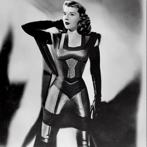 Prompt: still from old 40\'s movie Avengers (1942) actress playing Black Widow