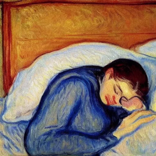 Prompt: lady with brown hair can't sleep because husband in is snoring in bed, expressive oil painting by edvard munch and claude monet