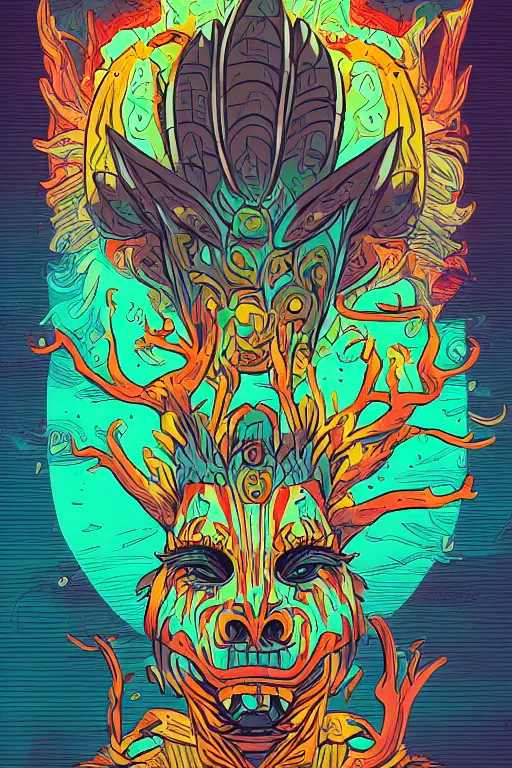 Image similar to animal mask totem roots flower tribal feather gemstone plant wood rock shaman vodoo video game vector cutout illustration vivid multicolor borderlands comics by josan gonzales and dan mumford radiating a glowing aura