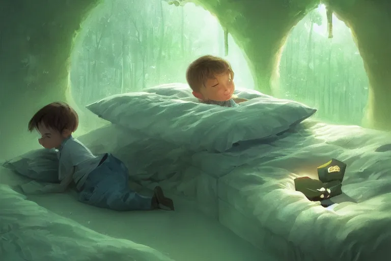 Prompt: beautiful illustration of a little boy on his bed dreaming about a beautiful green forest, intricate, elegant, glowing lights, highly detailed, digital painting, artstation, concept art, smooth, sharp focus, illustration, art by wlop, mars ravelo and greg rutkowski