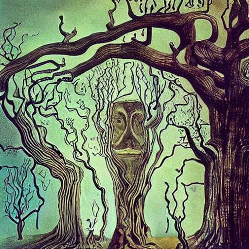 Prompt: “the trees hide faces by salvador dali, horror, intricate, highly detailed”