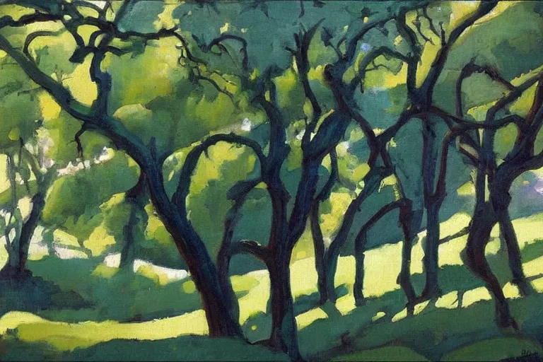 Image similar to masterpiece painting of oak trees on a hillside overlooking a creek, dramatic lighting, by john watkiss